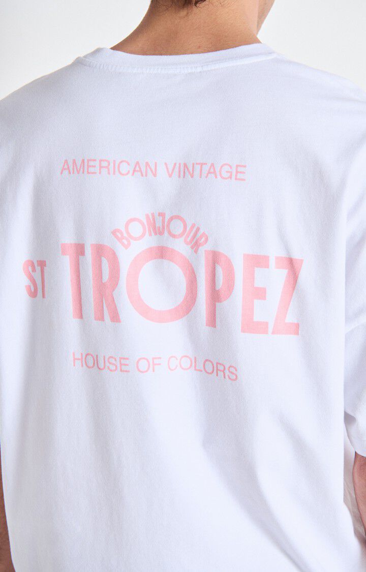 T-shirt mixte Fizvalley - "Bonjour" - ST TROPEZ - Blanc - Rose - XS